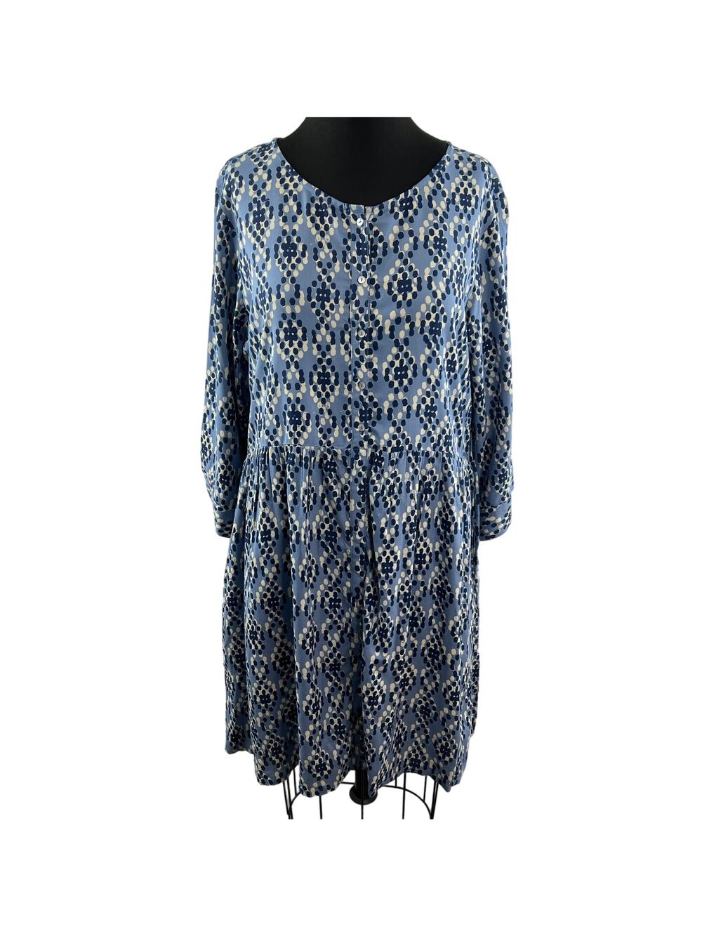 GlobalDesi Blue White Skater Dress Dotted Pleated Henley Neck Size X-Large XL